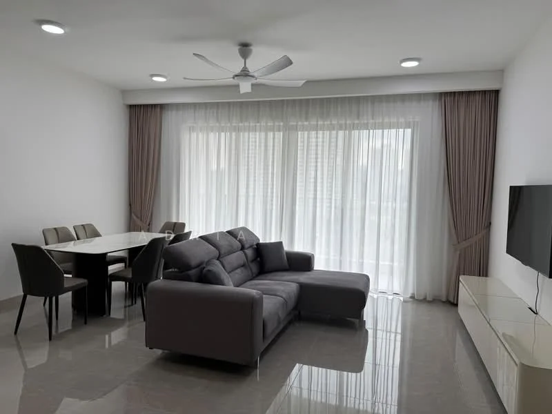 Living features: 3-seater fabric sofa in grey, ceiling fan with light, wall-mounted TV, white walls, floor-to-ceiling windows, sheer curtains, marble flooring, coffee table, TV console, dining table for 4 with black chairs; style: modern.