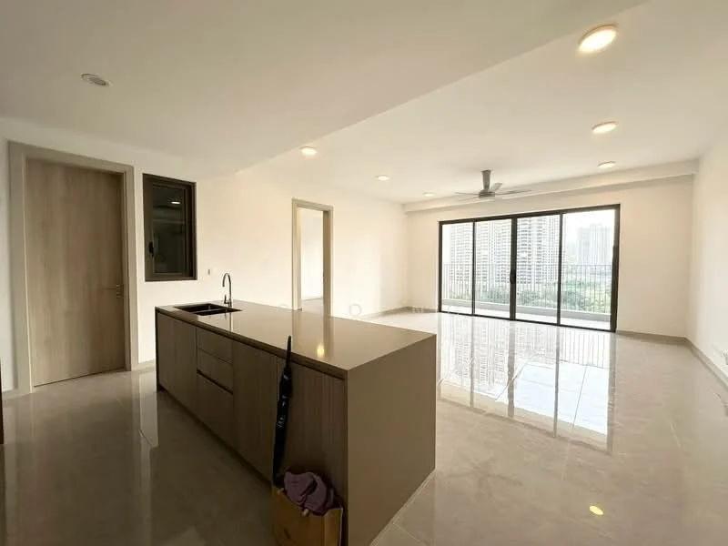 Kitchen features: island kitchen with countertop, single-bowl stainless-steel sink, chrome pull-down faucet, wood cabinetry, recessed downlights, marble tile flooring, open layout to living area, floor-to-ceiling windows, city view; style: modern; view: city. Living features: spacious living area, marble tile flooring, recessed downlights, floor-to-ceiling windows, access to balcony, open layout to kitchen; style: modern; view: city.
