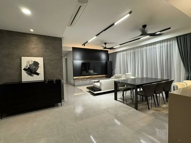 Living features: grey accent wall, white walls, marble tile flooring, 5-blade ceiling fan with light, recessed LED downlights, floor-to-ceiling windows with sheer curtains, black entertainment unit, white sectional sofa, coffee table, 6-seater dining table, upholstered dining chairs, decorative artwork; style: modern.
