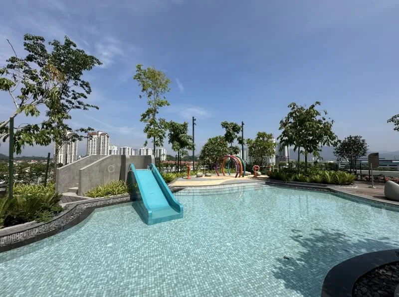 Exterior type: swimming pool deck; features: infinity pool, water slide, children's playground, landscaped garden, manicured lawn, surrounding trees, city skyline view; style: modern.