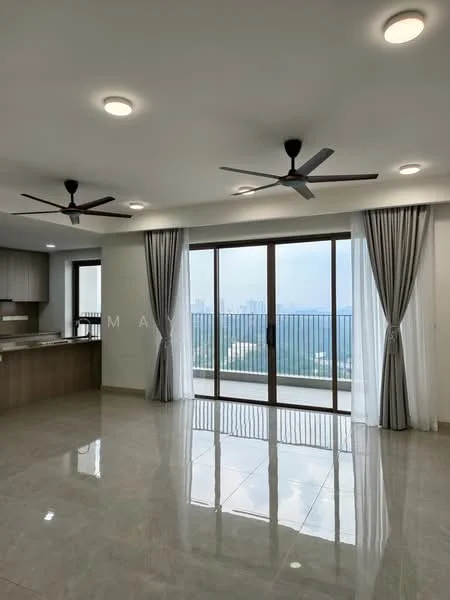 Living features: large floor-to-ceiling sliding glass door, grey sheer curtains, 2 ceiling fans with light, recessed LED downlights, polished tile flooring, neutral painted walls, open layout to kitchen, balcony view, mountain view; style: modern; view: mountain.