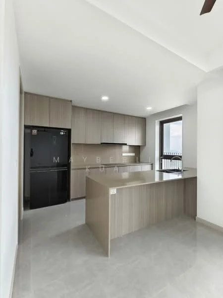 Kitchen features: laminate cabinetry in light wood finish, black refrigerator, stainless-steel sink, chrome pull-down faucet, quartz countertop, kitchen island with seating, recessed downlights, floor-to-ceiling window, grey tile flooring, open layout, wall-mounted cabinets, under-cabinet lighting; style: modern; view: city.