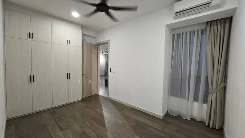Bedroom features: wooden flooring, white painted walls, built-in wardrobe with light wood finish, ceiling fan, window with sheer curtains, air conditioning unit, door to hallway; style: modern.