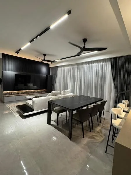 Living features: 3-seater fabric sofa in white, coffee table, wall-mounted TV, feature wall with dark paneling, recessed downlights, 2 ceiling fans, floor-to-ceiling windows with sheer curtains, grey curtains, area rug, decorative wall art; style: modern. Dining features: 6-seater dining table, upholstered dining chairs, pendant lighting above table, open layout to living area; style: modern.