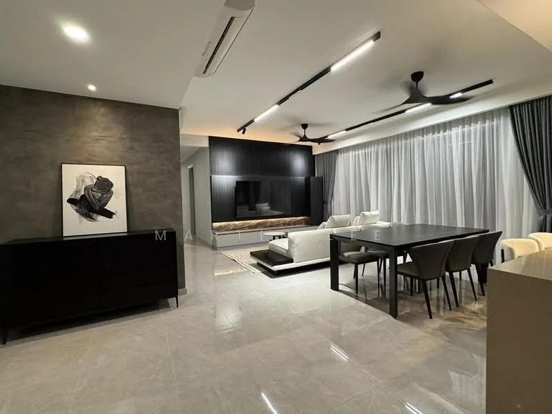 Living features: grey accent wall, white painted walls, marble tile flooring, 5-blade ceiling fan with light, recessed LED downlights, floor-to-ceiling windows with sheer curtains, wall-mounted TV, black entertainment unit, white sectional sofa, coffee table, dining table with 8 chairs; style: modern.