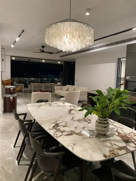 Dining features: marble dining table, 8 dining chairs, chandelier with shell design, recessed downlights, floor-to-ceiling windows, city skyline view, polished marble flooring, potted plant; style: modern; view: city. Living features: fabric sofa, coffee table, TV console, area rug; style: modern; view: city.