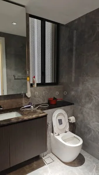 Bathroom features: grey tile cladding on walls, marble countertop, dark wood cabinetry, single-sink vanity, one-piece toilet, modern faucet, mirror above vanity, window with decorative grille; style: modern.