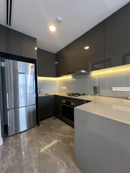 Kitchen features: black high-gloss cabinetry, stainless-steel fridge, built-in oven, 4-burner gas hob, stainless-steel range hood, grey marble countertop, grey marble backsplash, under-cabinet LED lighting, single-bowl stainless-steel sink, chrome pull-down faucet, ceramic tile flooring, recessed ceiling lights; style: modern.