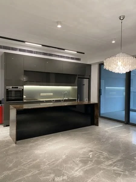Kitchen features: grey cabinetry, black countertop, stainless-steel built-in oven, stainless-steel microwave, recessed LED downlights, pendant light fixture, marble tile flooring, glass sliding door, backlit countertop, open shelving, integrated sink, modern faucet; style: modern.