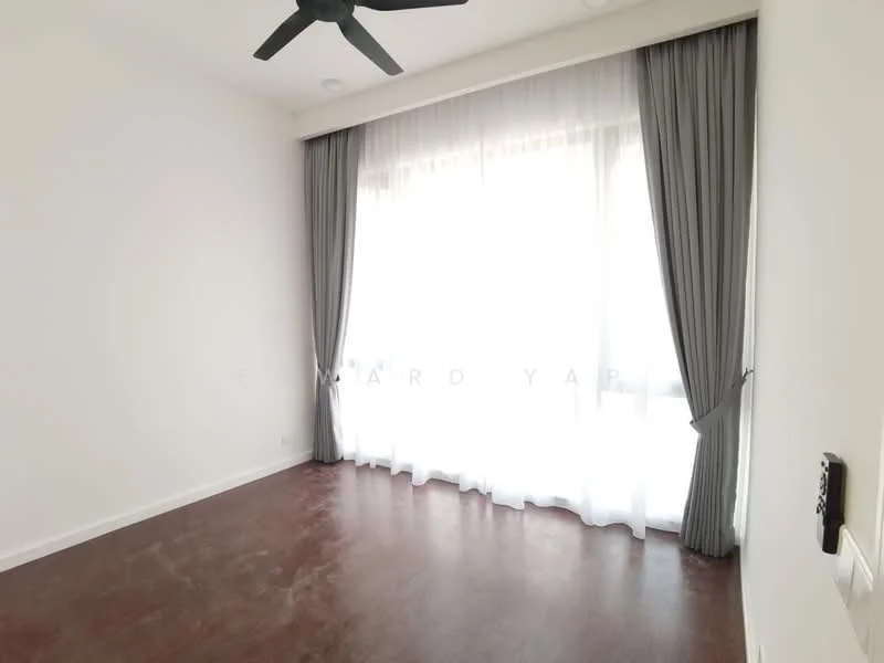 Room features: white painted walls, dark wood flooring, floor-to-ceiling windows, sheer curtains, blackout curtains, ceiling fan; style: modern.
