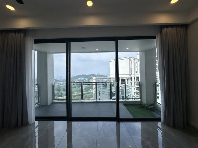 Room features: floor-to-ceiling sliding glass doors, grey tiled flooring, white painted walls, recessed downlights, curtains, view of city skyline, greenery visible outside, balcony area with grass; style: modern; view: city.