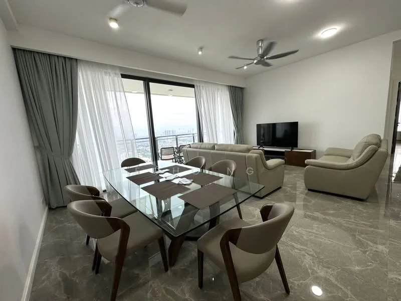 Dining features: glass dining table, 8 dining chairs, marble flooring, floor-to-ceiling windows, sheer curtains, grey curtains, ceiling fan, wall-mounted TV, sofa in light beige, wooden side table; style: modern; view: city.