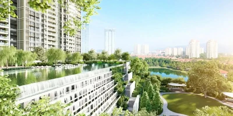Exterior type: high-rise condominium; features: infinity pool with poolside loungers, landscape garden with manicured lawn, water features with cascading waterfalls, surrounded by mature trees, city skyline in background, multiple high-rise buildings, outdoor seating area, greenery along pathways; style: modern.