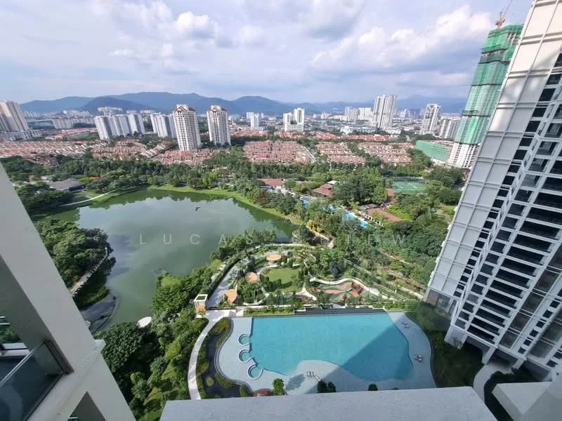 Exterior type: high-rise condominium; features: infinity pool, landscape garden, manicured lawn, surrounded by greenery, view of city skyline, view of lake, adjacent to residential area, tropical landscaping; style: modern.