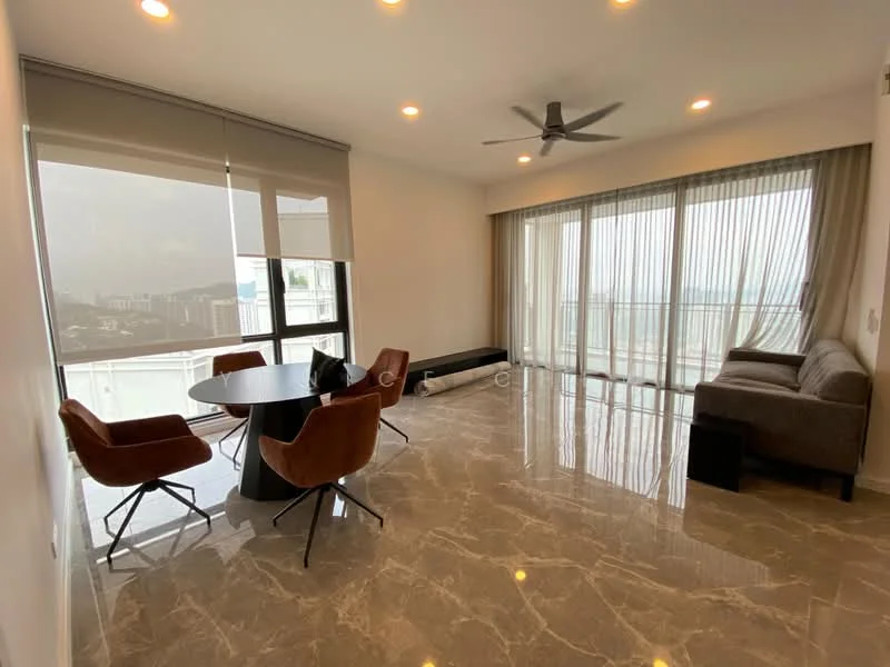 Living features: marble tile flooring, recessed downlights, 5-blade ceiling fan, floor-to-ceiling windows, sheer curtains, curtains, round dining table, 4 upholstered dining chairs, 2-seater fabric sofa in grey, decorative throw pillows, black side table, city view; style: modern; view: city.