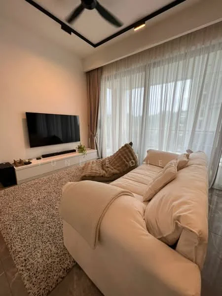 Living features: 3-seater fabric sofa in beige, large area rug with geometric pattern, wall-mounted TV, TV console in white, floor-to-ceiling windows with sheer curtains, ceiling fan, decorative plant on console, light-colored walls, recessed lighting, tray ceiling; style: modern.