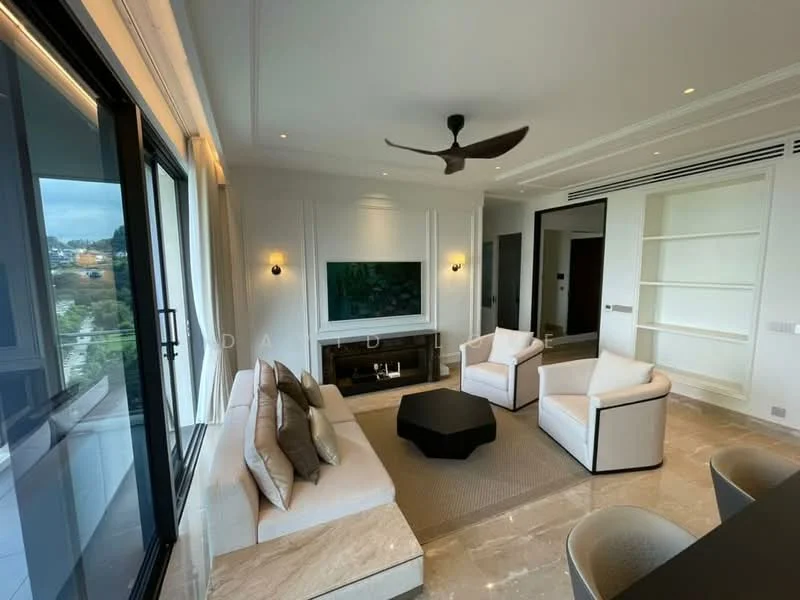 Living features: sofa with light upholstery, black coffee table, wall-mounted TV, built-in cabinetry, marble flooring, 5-blade ceiling fan, large windows with black frames, decorative wall paneling, recessed lighting, area rug, neutral color palette; style: modern; view: city.