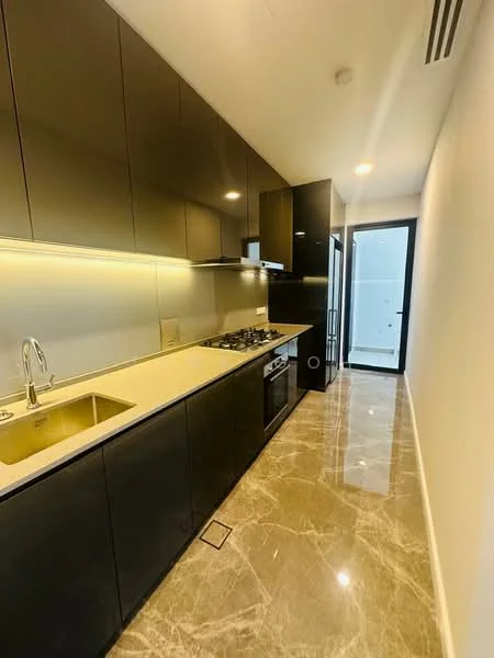 Kitchen features: black cabinetry, marble tile flooring, single-bowl stainless-steel sink, chrome pull-down faucet, granite countertop, built-in gas stove with 4 burners, built-in oven, stainless-steel fridge, recessed LED downlights, wall-mounted extractor hood, backlit countertop, sliding glass door to outdoor area; style: modern.