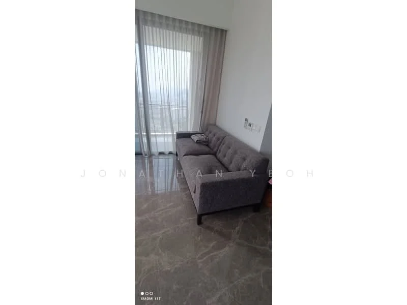 Living features: grey fabric 3-seater sofa, marble tile flooring, floor-to-ceiling windows, sheer curtains, wall-mounted electrical outlets, neutral wall colour, decorative wall panel, city view; style: modern; view: city.