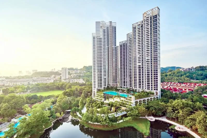 Exterior type: high-rise condominium; features: glass curtain wall facade, recessed balconies, infinity pool, landscaped gardens, surrounded by greenery, water feature, multiple storeys, urban context with skyline view; style: modern.