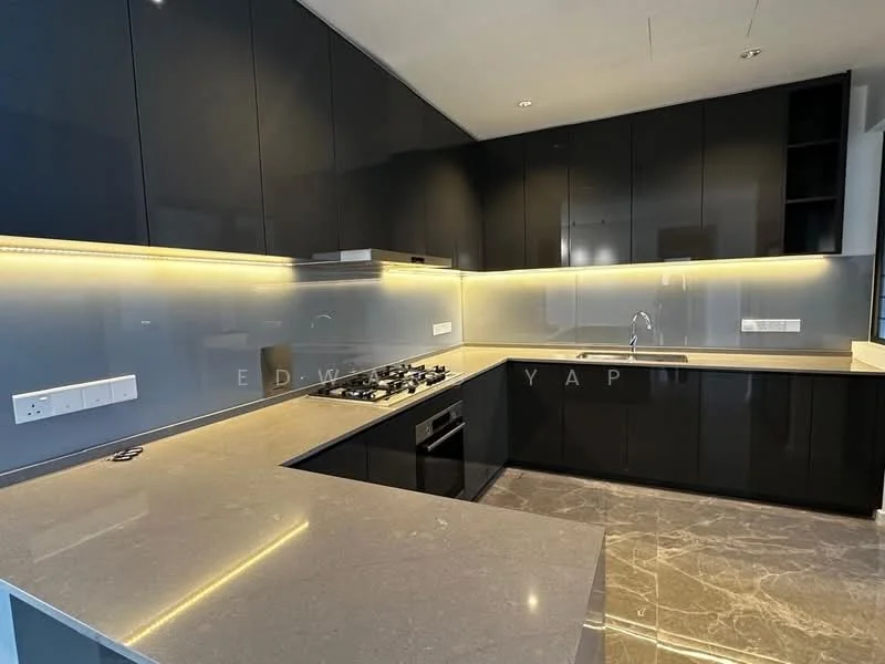 Kitchen features: black high-gloss cabinetry, grey marble countertop, stainless-steel gas hob, built-in oven, stainless-steel sink, chrome pull-down faucet, grey tile backsplash, under-cabinet LED lighting, open shelving, drawer storage, floor-to-ceiling cabinets, marble flooring; style: modern.