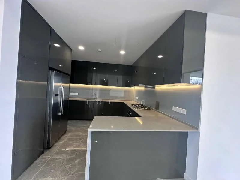 Kitchen features: grey cabinetry, stainless-steel fridge, built-in oven, 4-burner gas hob, stainless-steel range hood, grey quartz countertop, white backsplash, recessed LED downlights, marble tile flooring, open layout with breakfast bar; style: modern.