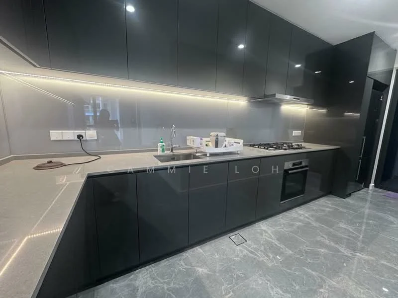 Kitchen features: black high-gloss cabinetry, grey quartz countertop, stainless-steel sink, chrome pull-down faucet, built-in oven, 4-burner gas hob, recessed LED strip lighting, marble tile flooring, backlit backsplash, wall-mounted range hood; style: modern.