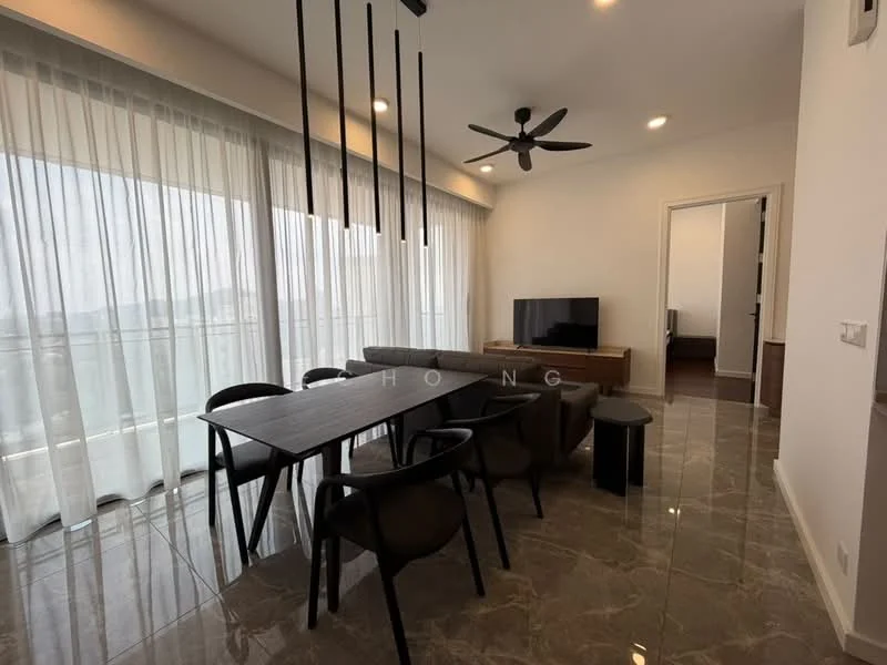 Dining features: 6-seater dining table, black dining chairs, pendant lighting, floor-to-ceiling windows, grey marble flooring, wall-mounted TV, ceiling fan, sheer curtains; style: modern; view: city. Living features: sofa, coffee table, TV console; style: modern; view: city.