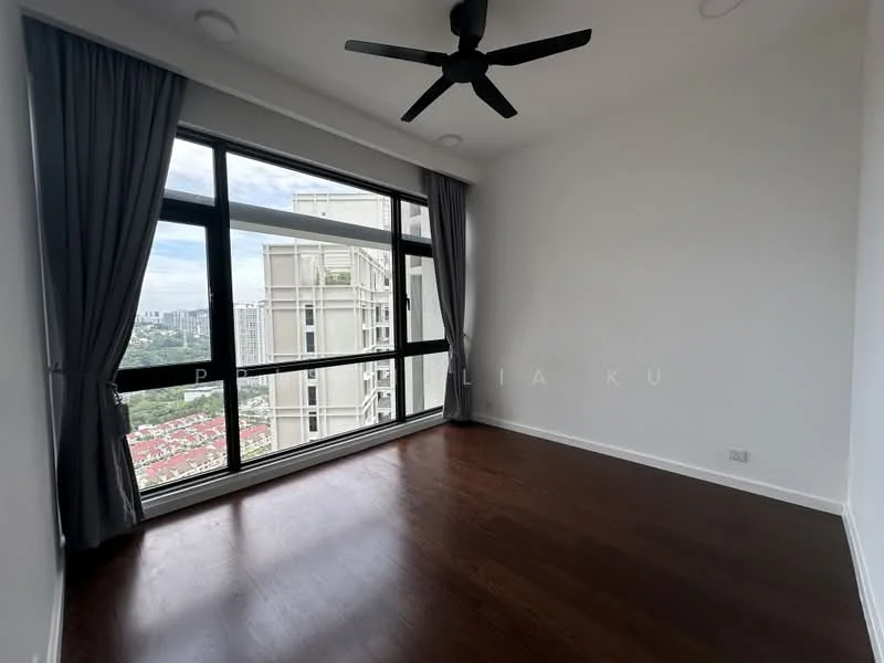 Room features: floor-to-ceiling windows, grey curtains, wooden flooring, 5-blade ceiling fan, white painted walls, city view; style: modern; view: city.