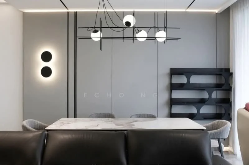 Dining features: marble dining table, black leather sofa, modern pendant light fixture, grey accent wall, wall-mounted decorative lights, open shelving unit, upholstered dining chairs, recessed ceiling lighting; style: modern.