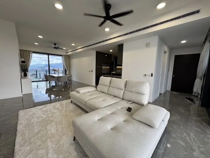 Living features: 3-seater fabric sofa in light beige, area rug with geometric pattern, floor-to-ceiling windows with city view, sliding glass door, recessed LED downlights, 5-blade ceiling fan, marble tile flooring, wall-mounted TV, decorative plant in ceramic pot; style: modern; view: city. Dining features: 6-seater dining table, upholstered dining chairs, pendant lamp above dining table; style: modern; view: city.