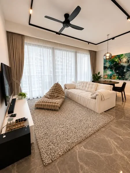 Living features: 3-seater fabric sofa in cream, decorative throw blanket, area rug with textured pattern, floor-to-ceiling windows with sheer curtains, ceiling fan with 3 blades, wall-mounted TV, TV console in white, abstract painting on wall, indoor plant, dining table with black chairs; style: modern; view: city.
