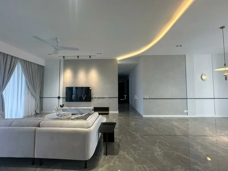 Living features: large grey sectional sofa, marble flooring, recessed ceiling with LED strip lighting, floor-to-ceiling windows with sheer curtains, wall-mounted TV, decorative wall paneling, ceiling fan, black accent wall, light fixture with pendant design; style: modern.