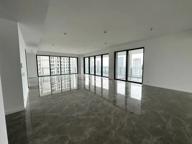 Living features: grey marble flooring, white painted walls, floor-to-ceiling windows, recessed downlights, open layout, city view, sliding glass doors, high ceiling; style: modern; view: city.