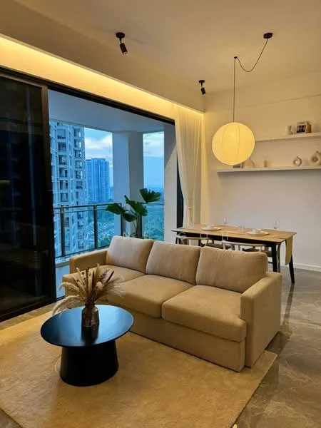 Living features: 3-seater fabric sofa in beige, black round coffee table, area rug, floor-to-ceiling sliding glass door, curtains, pendant lamp, recessed LED downlights, shelf with decorative items, dining table with chairs, green indoor plants, city view, marble tile flooring, white painted walls; style: modern; view: city.