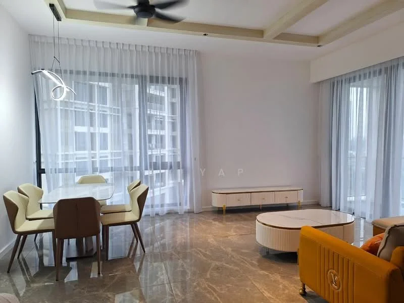 Living features: marble tile flooring, white painted walls, tray ceiling with wooden beams, 5-blade ceiling fan, floor-to-ceiling windows, sheer curtains, round coffee table, yellow upholstered sofa, TV console, dining table with beige chairs, decorative light fixture; style: modern.