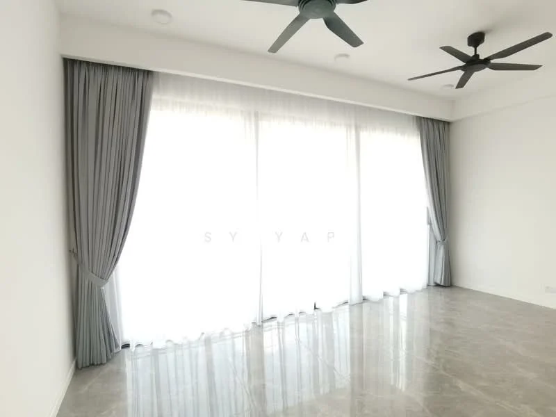 Living features: grey curtains, floor-to-ceiling windows, marble tile flooring, 5-blade ceiling fan, recessed downlights, white painted walls; style: modern.