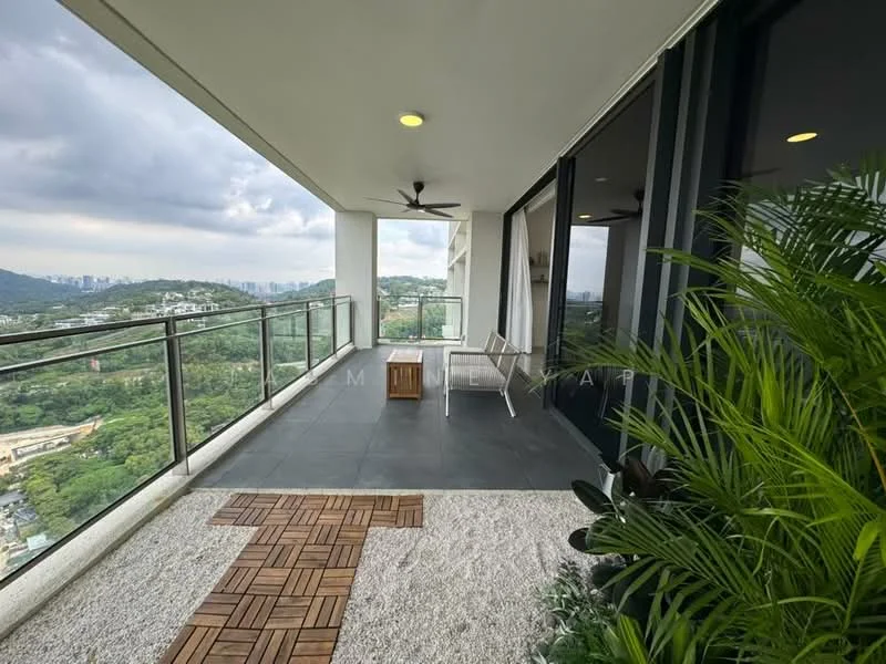 Balcony features: floor-to-ceiling glass doors, sliding glass door, 5-blade ceiling fan, outdoor coffee table, outdoor seating, greenery with potted plants, stone-paved flooring, wooden deck area, city view, mountain view; style: modern; view: city.