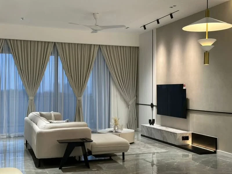 Living features: 3-seater fabric sofa in white, coffee table, wall-mounted TV, marble TV console, floor-to-ceiling windows, sheer curtains, drapes in light grey, recessed downlights, ceiling fan, decorative wall paneling, polished marble flooring; style: modern; view: city.