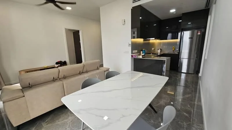 Dining features: 6-seater dining table with marble top, grey upholstered dining chairs, pendant light, wall-mounted kitchen cabinets, stainless-steel fridge, built-in oven, 4-burner gas hob, single-bowl stainless-steel sink, chrome pull-down faucet, grey tile flooring, white painted walls, ceiling fan; style: modern. Living features: 3-seater fabric sofa in beige, coffee table, wall-mounted TV, grey tile flooring, white painted walls, ceiling fan; style: modern.
