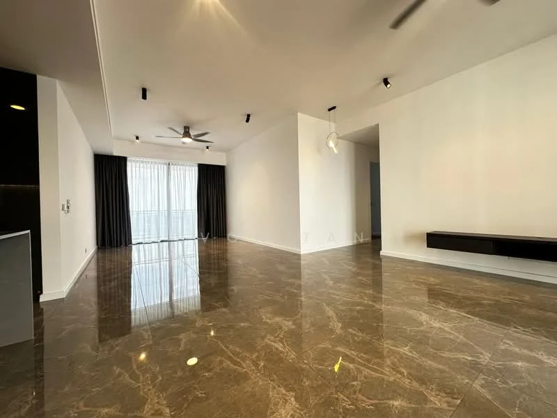Living features: marble tile flooring, white painted walls, ceiling fan, recessed LED downlights, floor-to-ceiling windows, blackout curtains, wall-mounted TV console, open layout, natural light, neutral color palette; style: modern; view: city.