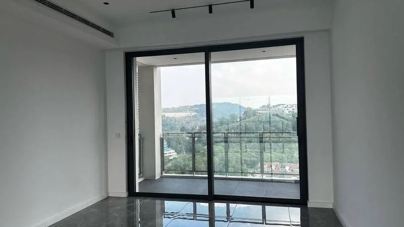 Room features: floor-to-ceiling sliding glass door, grey tiled flooring, white painted walls, mountain view through glass door, recessed ceiling lights, open space layout; style: modern; view: mountain.
