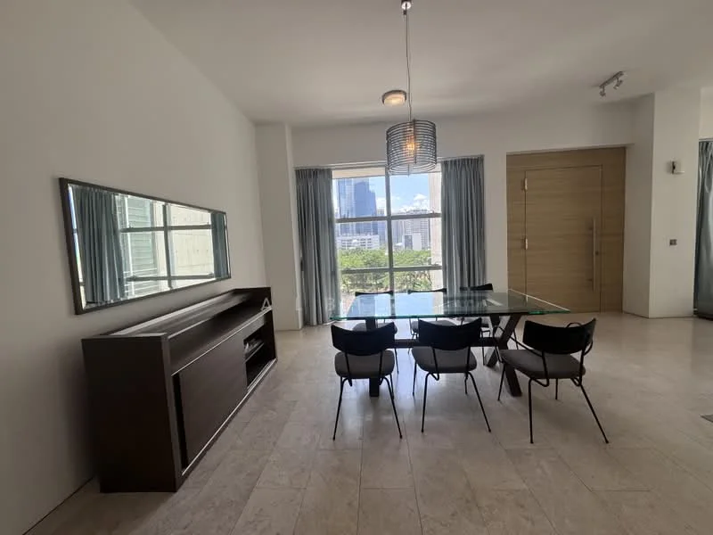 Dining features: glass dining table, 6 black dining chairs, wooden sideboard, large mirror on wall, floor-to-ceiling windows, sheer curtains, city view, neutral painted walls, tile flooring, pendant light fixture; style: modern; view: city.