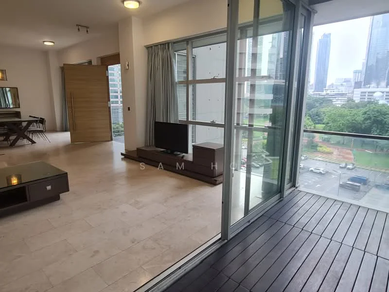Living features: large floor-to-ceiling windows, light grey curtains, marble tile flooring, wall-mounted TV, wooden TV console, open layout to dining area, recessed ceiling lights, access to balcony; style: modern; view: city. Balcony features: wooden decking, glass railing, city view; style: modern; view: city.