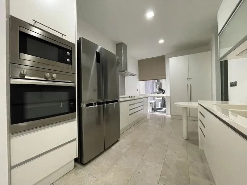 Kitchen features: stainless-steel side-by-side fridge, built-in oven, microwave, white cabinetry, marble countertop, ceramic tile flooring, recessed downlights, kitchen island, chrome pull-down faucet, backsplash with neutral tone, ventilation hood, drawer storage, countertop space, window with roller blinds; style: modern.
