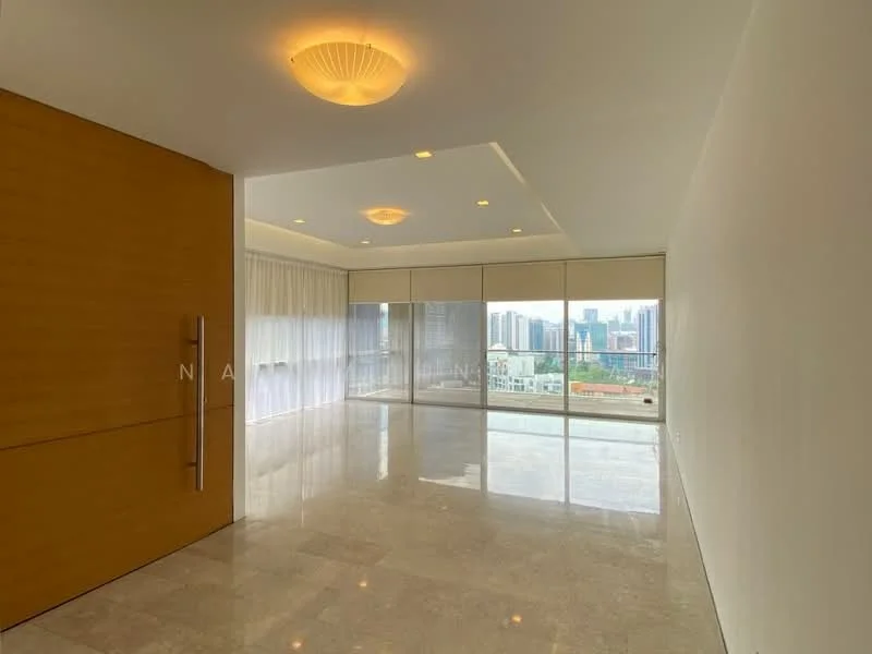 Room features: white painted walls, marble flooring, recessed downlights, ceiling rose, floor-to-ceiling windows, sheer curtains, city skyline view; style: modern; view: city.