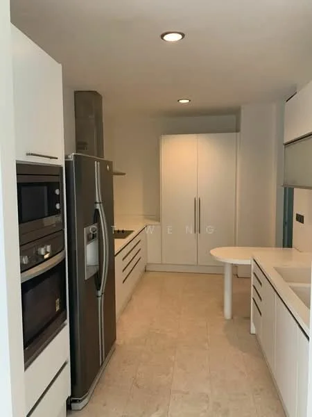 Kitchen features: white cabinetry with flat-panel doors, stainless-steel fridge, built-in oven, built-in microwave, white countertop, single-bowl stainless-steel sink, chrome pull-down faucet, tile flooring, recessed downlights, island with round table, grey backsplash, open shelving; style: modern.