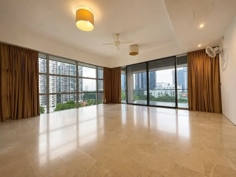 Living features: marble tile flooring, white painted walls, tray ceiling, 2 ceiling fans, floor-to-ceiling windows, curtains in beige, recessed downlights, view of city skyline; style: modern; view: city.