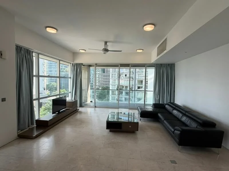 Living features: black leather sectional sofa, glass coffee table, TV console, floor-to-ceiling windows, sheer curtains, ceiling fan, recessed downlights, marble flooring, balcony access, city view; style: modern; view: city.