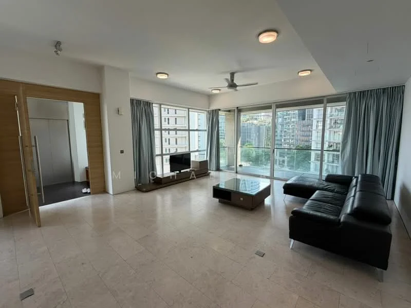 Living features: large floor-to-ceiling windows, sliding glass door, black leather sectional sofa, coffee table, TV console, recessed downlights, 5-blade ceiling fan, cream marble flooring, curtains, neutral painted walls; style: modern; view: city.